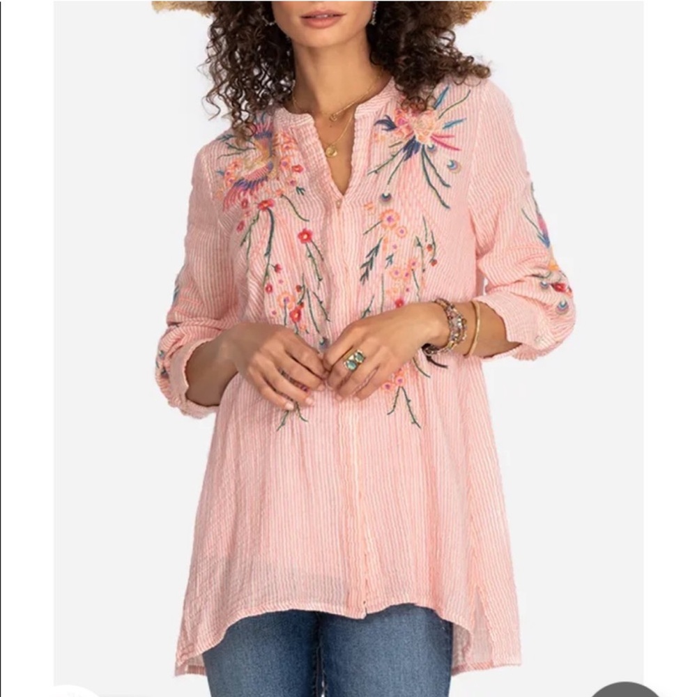 JOHNNY WAS Karen Voyager Striped Embroidered Tunic Top